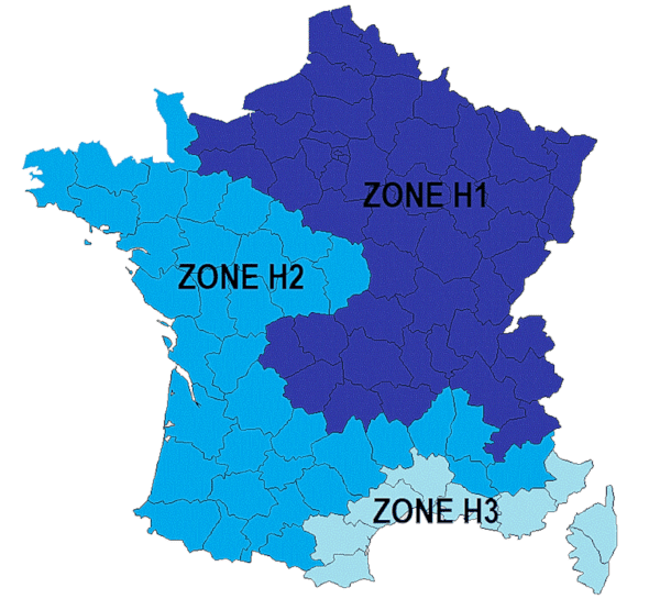 Répartition des départements français en zones climatiques H1, H2, H3 